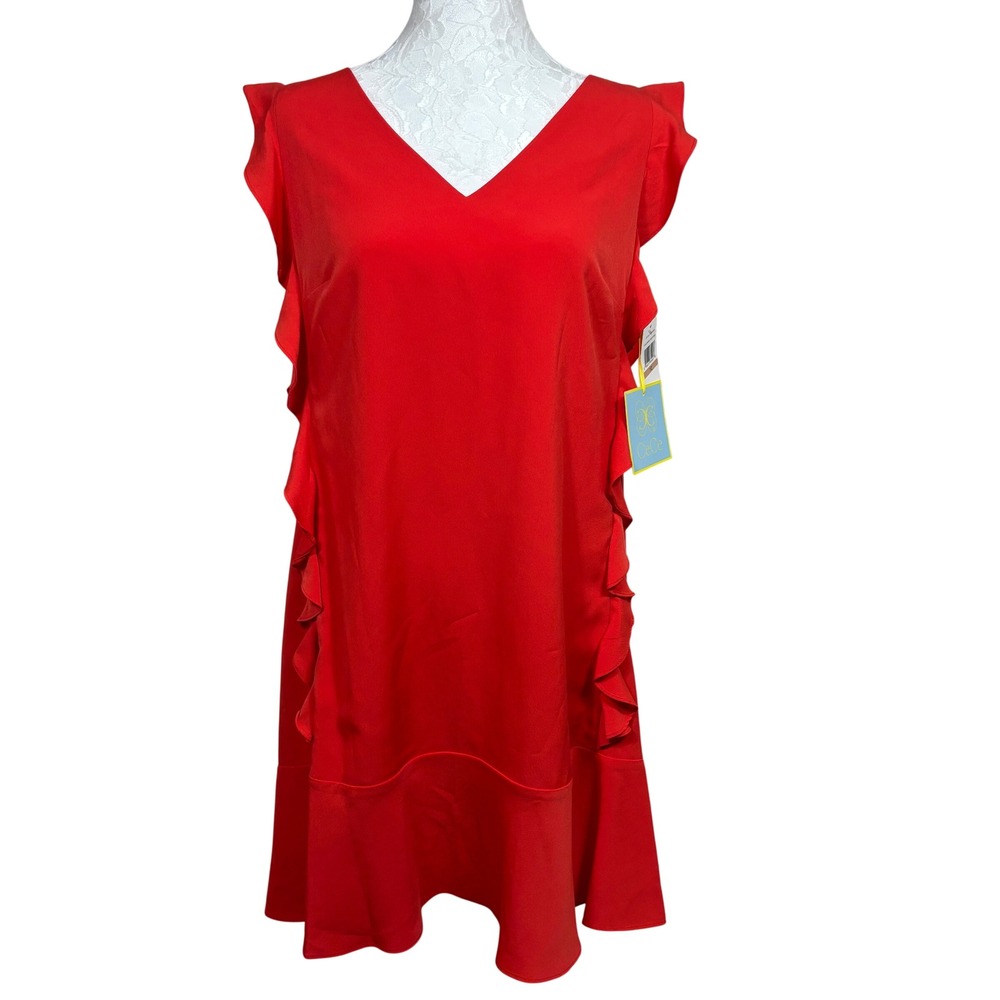NWT CeCe Ruffle Side V-Neck Button Flounce Hem Sleeveless Shift Dress Womens 12